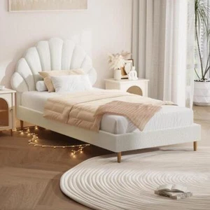 Single Bed Frame Scallop-Shape Bedhead White Boucle - Picture 1 of 8