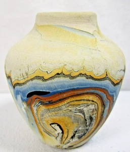 Vintage Small Nemadji Art Pottery Vase U.S.A Multi-Color Blue Yellow Swirl - Picture 1 of 4