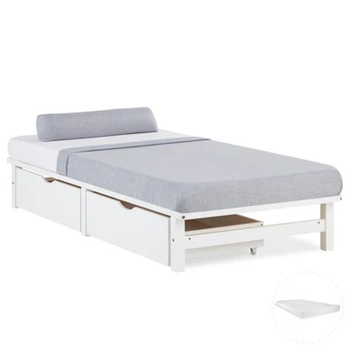 Einzelbett 90 x 200 Matratze Lattenrost 2 Schubladen Bett Holz Weiß Homestyle4u - Bild 1 von 4