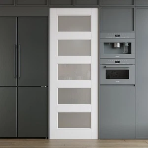 WINSTELLAR 36x80 5-Panel Tempered Frosted Glass Door Slab, Paintable Interior... - Picture 1 of 8