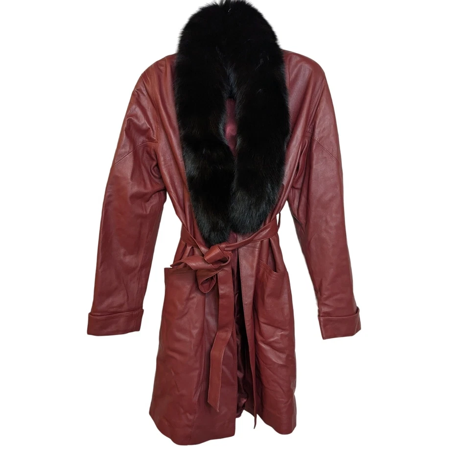 EXCELLED COLLECTION 100% Leather Faux Fur Ruby Color Women Trench Coat Sz XL - Image 1 of 4