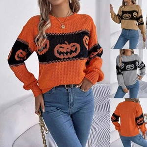 Halloween Pumpkin Pullover Sweater Fashion Long Sleeve Knitted Tops For Women Cl - Picture 1 of 19