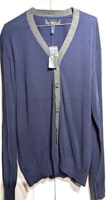 NUEVO Suéter Cárdigan Club Room Para Hombres L Gris Marino Cuello en V Botón Frontal 100% Algodón Foto 1 de 4