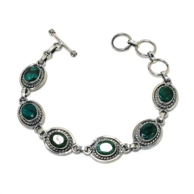 Pulsera de plata esterlina 925 natural esmeralda hecha a mano para mujer joyería P#135 Foto 1 de 4