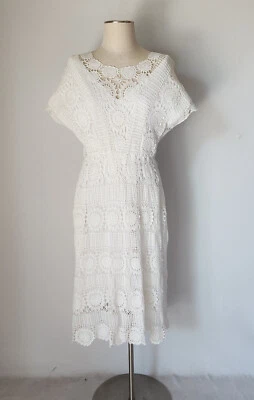 Vintage 1970s Hand Crochet Dress Line White Cotton Lace Elastic Waist Bust 40" - Image 1 of 4