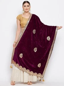 Velvet Burgundy Dupatta Embroidered with Gotta Patti Veli Scarf Stole EthnicWear - Picture 1 of 4