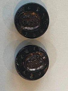 2 vintage fancy black glass buttons with country scene center - Picture 1 of 6
