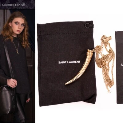 NEW $495 SAINT LAURENT Gold-Tone Brass HORN TUSK Necklace w/ YSL LOGO CHARM - Image 1 of 4