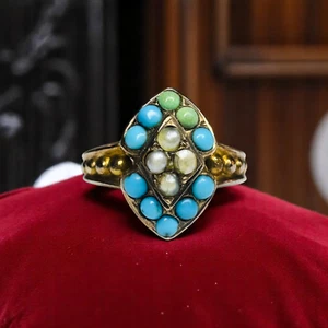 ANTIQUE- 10K Gold -Turquoise & Seed Pearl Ring -Sz 3.25- Victorian Western -1.8g - Picture 1 of 24