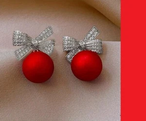 Elegant Women's Golden Bow and Red Bead Dangle Earrings -Unbranded - Picture 1 of 1