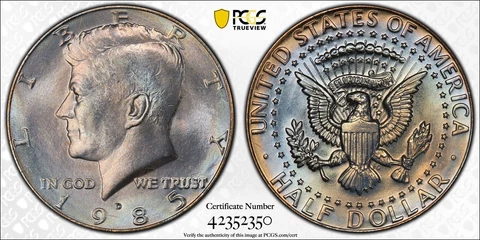 1985 D Kennedy Half Dollar PCGS MS66 Lightly Toned Coin 50C Cover