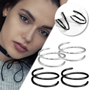 (4) Black Silver Tiny Double Hoop Ring For Piercing Nose Lip Hoop Spiral Jewelry - Picture 1 of 16