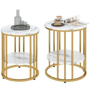HOMCOM Marble-Effect Round Coffee Table Set of 2 for Living Room, Gold Tone - Picture 1 of 11