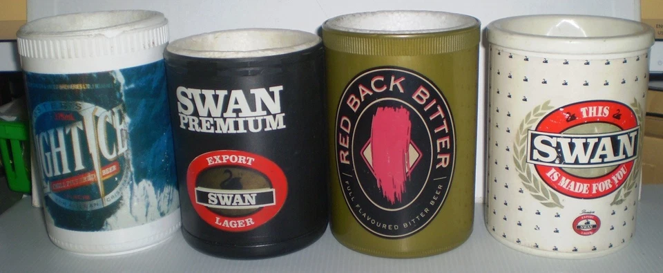 4 Old time Stubby holders-  plastic / foam inside -Swan, Fosters. Redback - image 1 of 1
