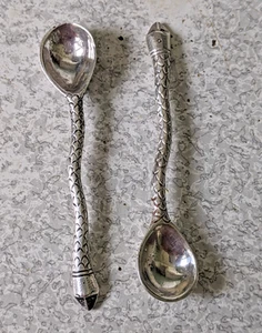PAIR ANTIQUE VINTAGE SNAKE SALT SPOONS SILVER PLATED / WHITE METAL - 3 INCH - Picture 1 of 5