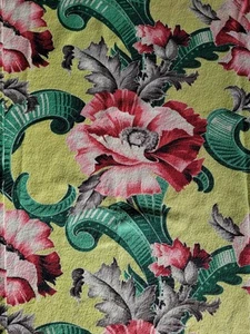 Enorme panel de cortina doble de tela de corteza vintage Chartreuse con flores rosas - Imagen 1 de 9