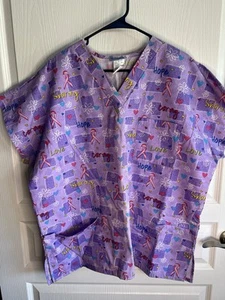 Breast Cancer Awareness Love Hope Caring Pink Ribbon Scrub Top Size XL Purple - Picture 1 of 5