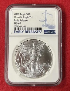 2021 T-1 Early Releases MS69 NGC American Silver Eagle Heraldic Eagle - Picture 1 of 2