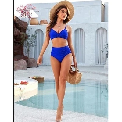Traje de baño bikini acanalado cintura alta cubierta completa Zaful S azul brillante Foto 1 de 4