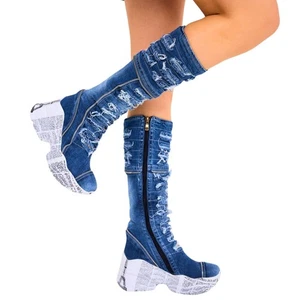 Denim Boots Shoes, Platform Boots, Handmade Women's Shoes / Birthday Gift - Picture 1 of 6