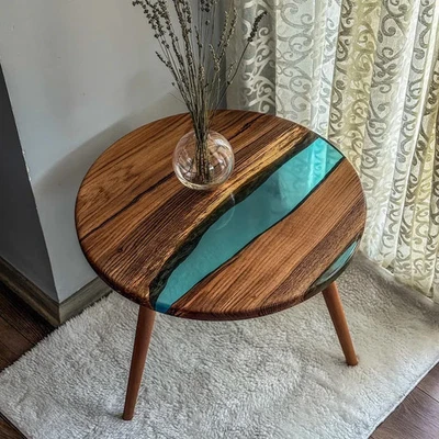 Handmade Oak Wood & Transparent Blue Epoxy Coffee Table, Modern Unique Resin Top - Image 1 of 4