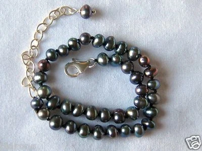 Black & Gray Freshwater Seed Pearl & Sterling Silver Ankle Bracelet 8"-10"  - Image 1 of 4