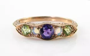  SUFFRAGETTE 9K 9CT ROSE GOLD AMETHYST PERIDOT OPAL ETERNITY ART DECO INS RING - Picture 1 of 8