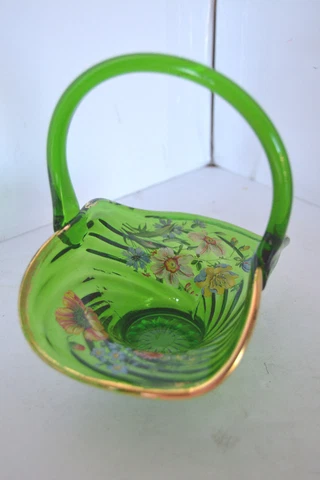 Vintage Glass Green Flower Applied Handle Basket  Gold Trim Cover