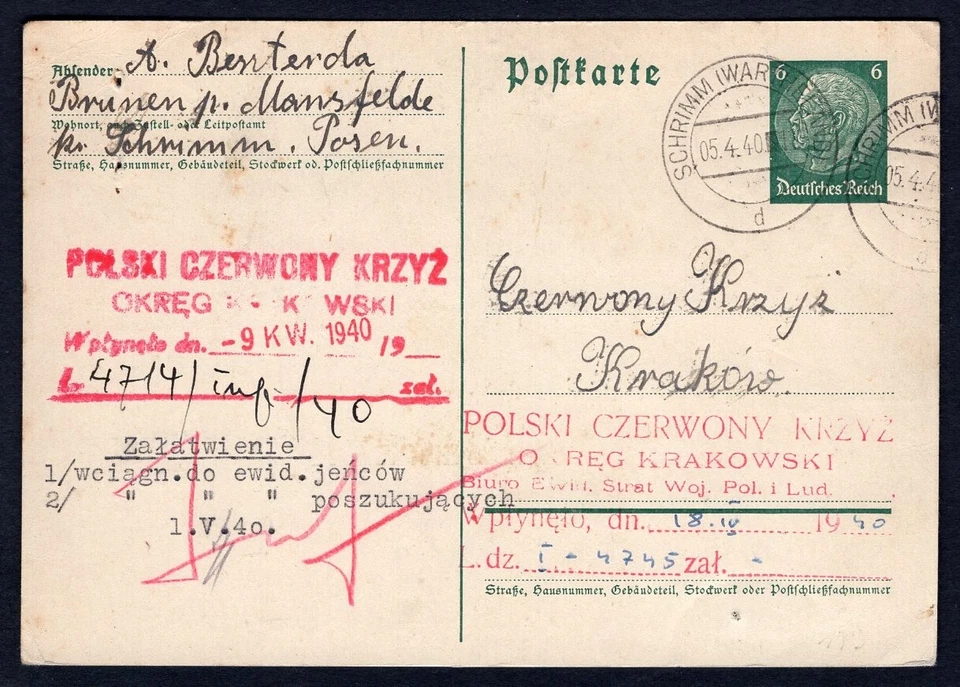 POLAND Schrimm 1940 Germany Postal Card to Red Cross, POW Camp Stalag XA - Image 1 of 2