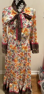 TALIA BENSON Made in Italy Size Medium Bell Sleeve Tie Neck Floral Boho Dress - Picture 1 of 12