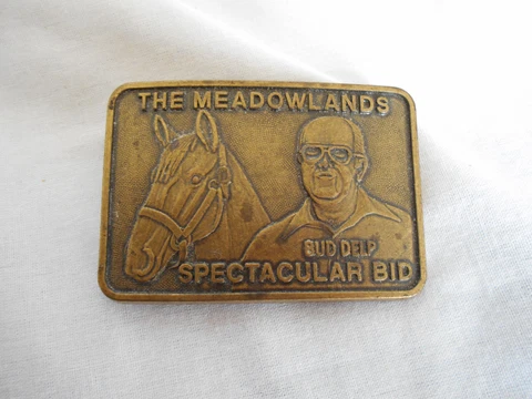 Vintage Meadowlands Spectacular Bid Brass Belt Buckle Bud Delp Horse Racing Cover