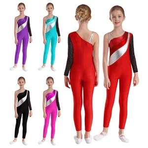 Kids Girl's Leotards Contrast Color Jumpsuit Figure Skating Bodysuit Dance Mesh - Picture 1 of 50