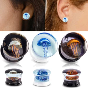 1Pair Jellyfish Glass Saddle Ear Plugs Guages Flesh Tunnels Stretcher Piercing - Picture 1 of 15