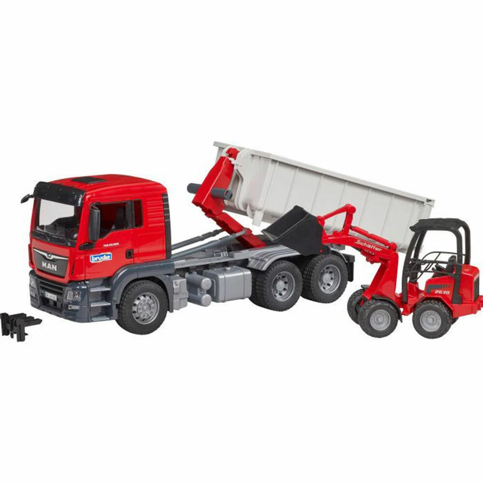 Bruder 03767 MAN TGS truck with roll-off container and Schäffer yard loader - Image 1 of 1