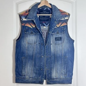 VTG Parish Nation Vest Men /Women Large Aztec Motorcycle Jean Denim Distressed - Picture 1 of 15