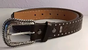 Vintage ARIAT buckle belt 34 / 85brown STUDDED leather TOOLED western cowboy Y2K - Picture 1 of 11