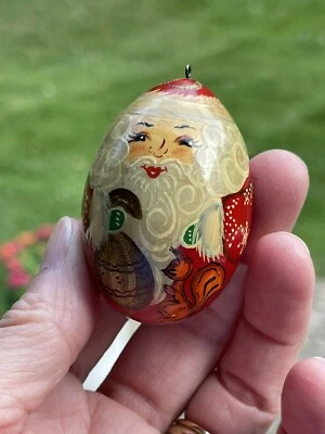Vintage Hand Painted Santa Wood  Egg Ornament Russian Folk Art 2" Squirrel - Image 1 of 4