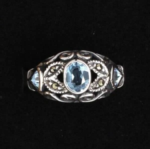 Solid Silver Sky Blue Topaz & Marcasite Fretwork Cushion Ring 925 BNIB UK L - Picture 1 of 10