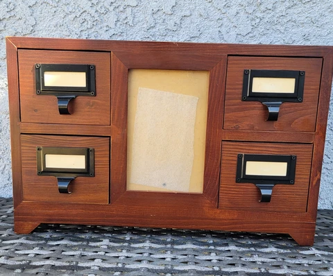 Melannco 4 Drawer Wood Library Card Catalog Desk Cabinet w Picture Frame Cover