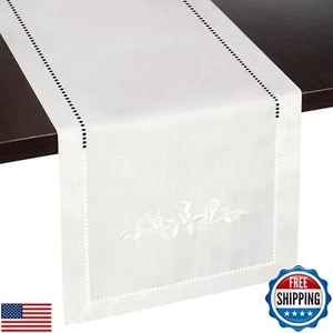 White Rose Embroidered Table Runner - Elegant Dresser Scarf for Bedrooms and - Picture 1 of 5