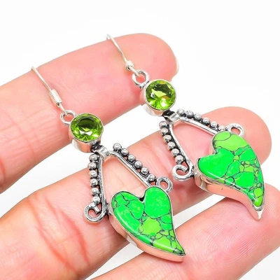 Green Turquoise, Peridot Gemstone 925 Sterling Silver Earring 2.44" M007 - Image 1 of 4