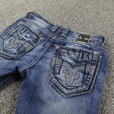 Calça jeans masculina Rock Revival 34X30 azul escuro ponto grosso cônico descontraído - Imagem 1 de 4
