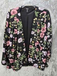 Du Jour Black Floral Printed Womens 2X Long Sleeve Open Front Cardigan - Picture 1 of 9