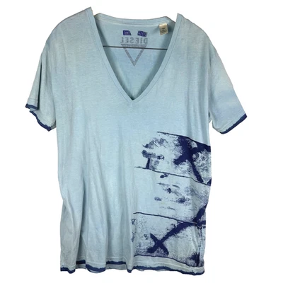 Camiseta DIESEL Para Hombre Manga Corta Cuello en V Talla L Azul Gráfico 100% Algodón Transpirable Foto 1 de 4