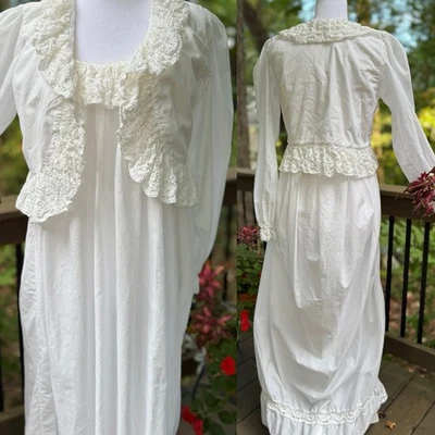 Rare Salzburg Bella Luna Gown Dress Bed Jacket Set Cotton Crochet Lace White M L - Image 1 of 4