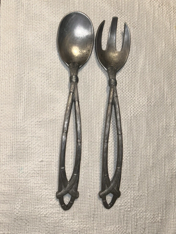 LENOX Metal Serving Spoon And Fork Set Detail Handles Bamboo Twist Matte - Image 1 of 4