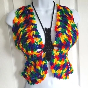 Handarbeit gehäkelt Regenbogen Schmetterling Kordelzug Neckholder Top Crop Top Festival - Bild 1 von 16