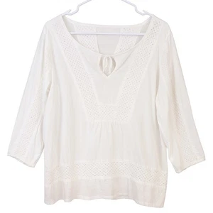 prAna XL White Organic Cotton Boho Peasant Top Crochet Lace Breathe Tunic - Picture 1 of 10