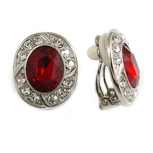 Ruby Red/ Clear Crystal Oval Clip On Earrings In Silver Tone - 17mm Tall - Picture 1 of 5