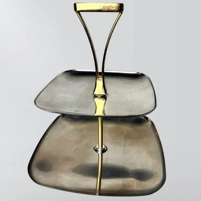 Vintage Mid Century MCM Atomic Chrome & Brass 2 Tiered Serving Tray - Image 1 of 4